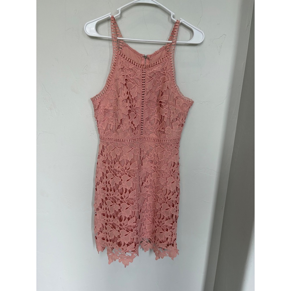 Floral Lace Mini Dress Sleeveless Halter Back Zip Coral Pink Medium SL4955R